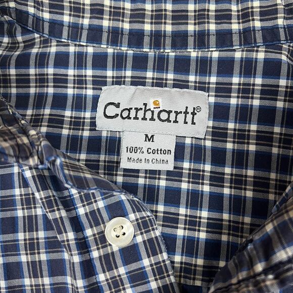 Carhartt Button Up Mens Medium Blue Plaid Long Sleeve Collared Workwear Flannel - Picture 3 of 4